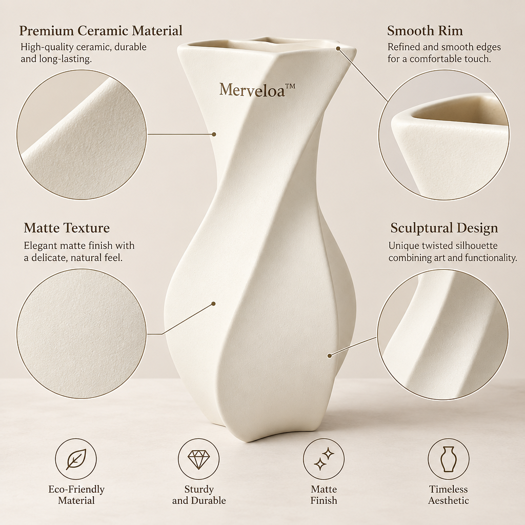 Merveloa™ Sculptural Twist Ceramic Vase – Modern Matte Home Decor
